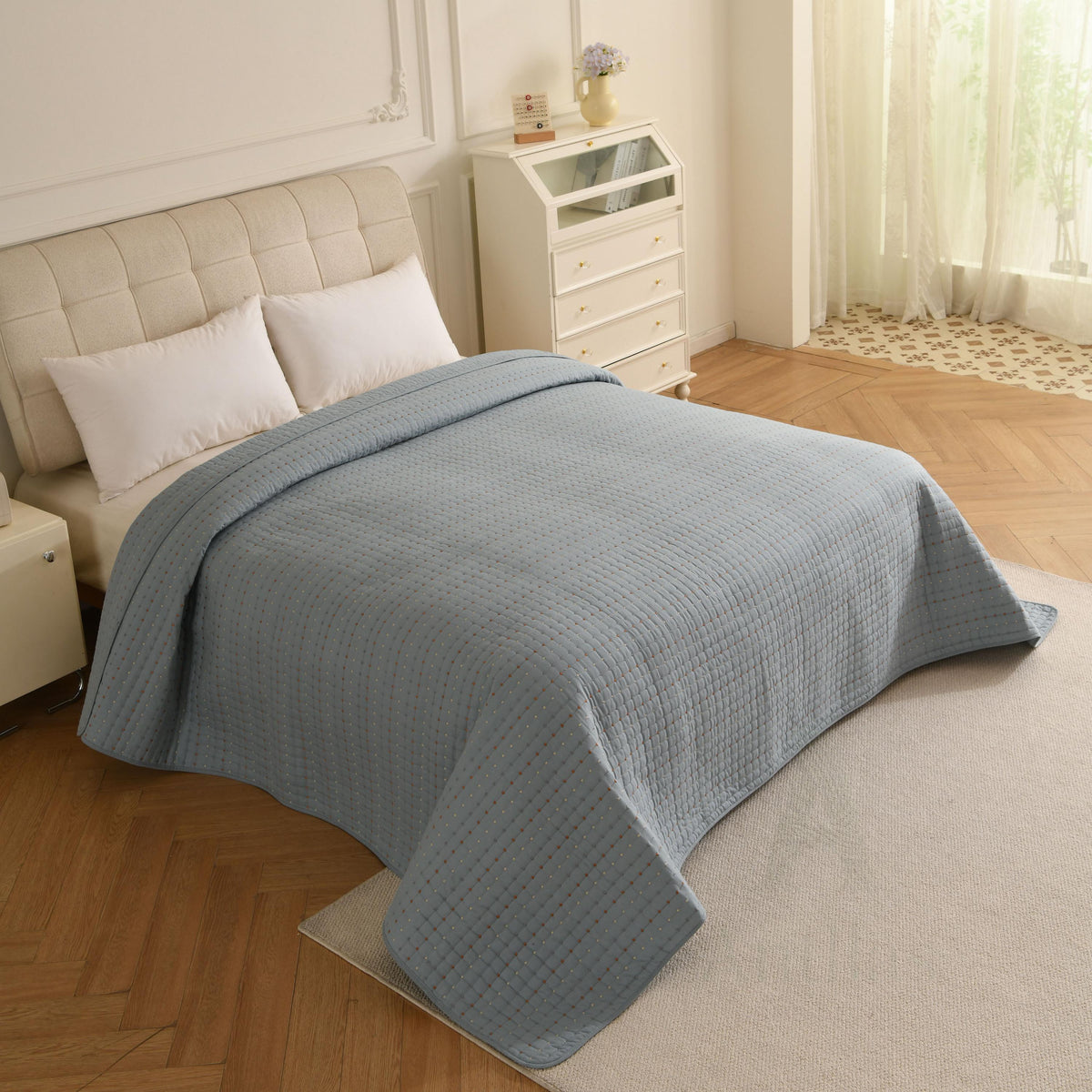 Cotton Quilted Bedspread, Boho Kantha Stitch, Queen King bedcover