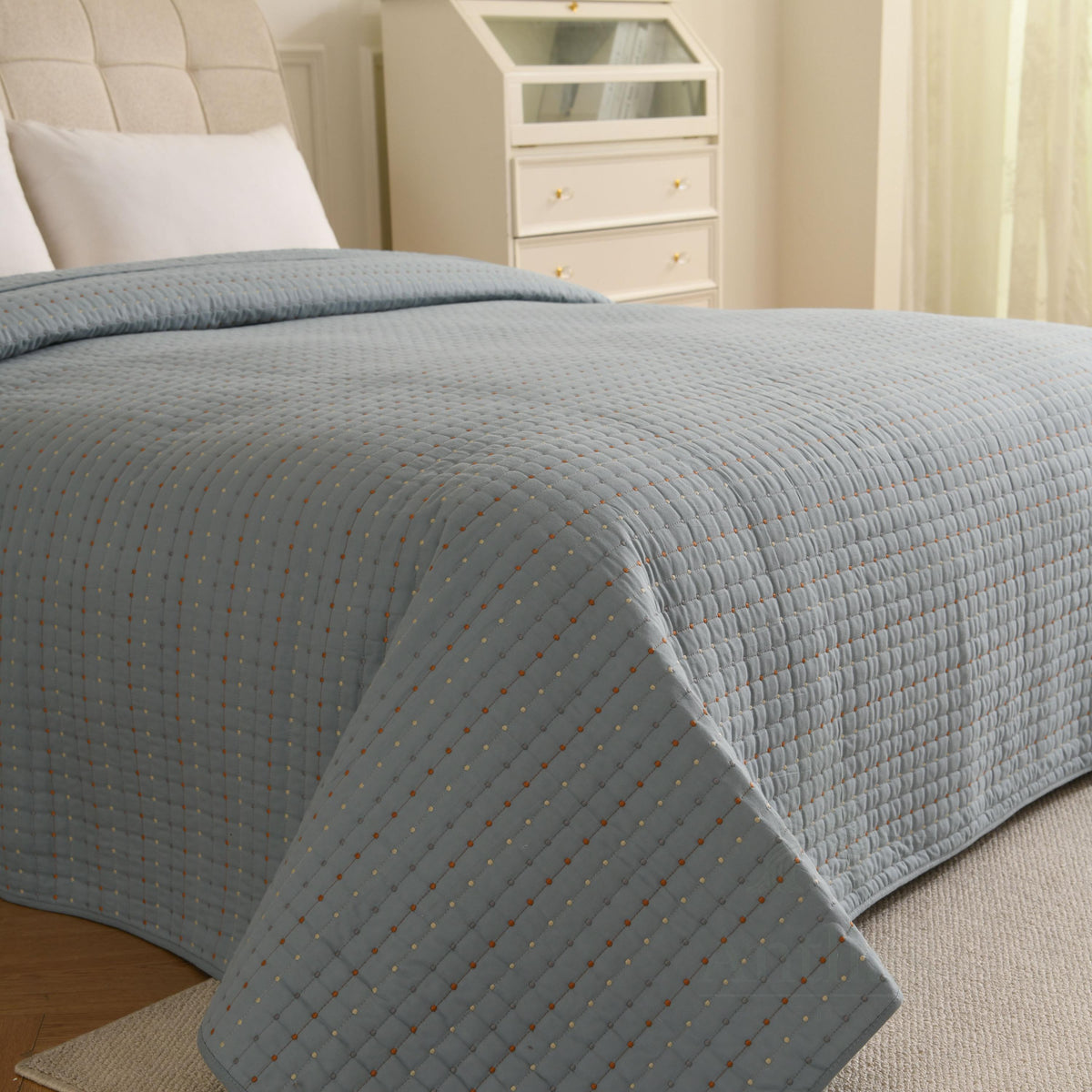 Cotton Quilted Bedspread, Boho Kantha Stitch, Queen King bedcover