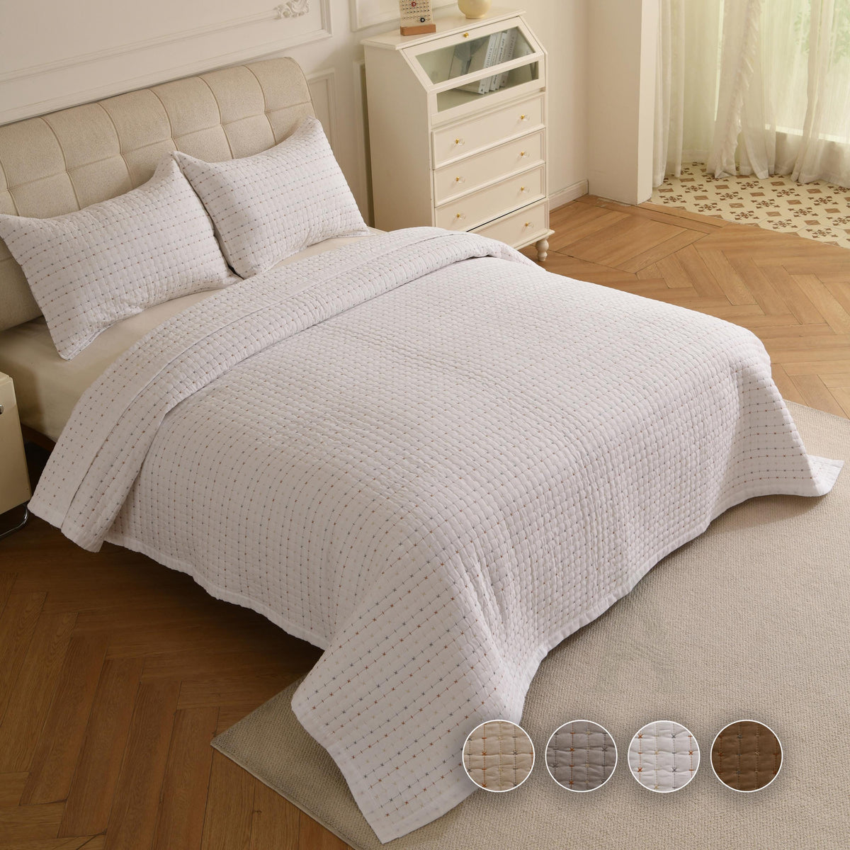 Boho Farmhouse Cotton Boho Kantha Quilted Bedspread, Pick Stitch Coverlet (230x250cm)