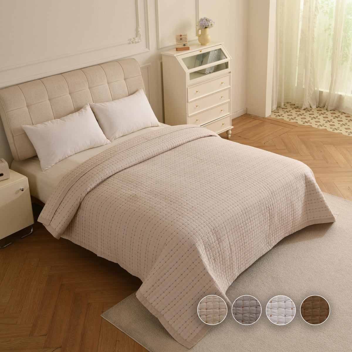 Boho Farmhouse Cotton Boho Kantha Quilted Bedspread, Pick Stitch Coverlet (230x250cm)