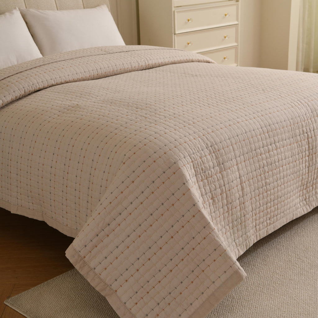 Boho Farmhouse Cotton Boho Kantha Quilted Bedspread, Pick Stitch Coverlet (230x250cm)