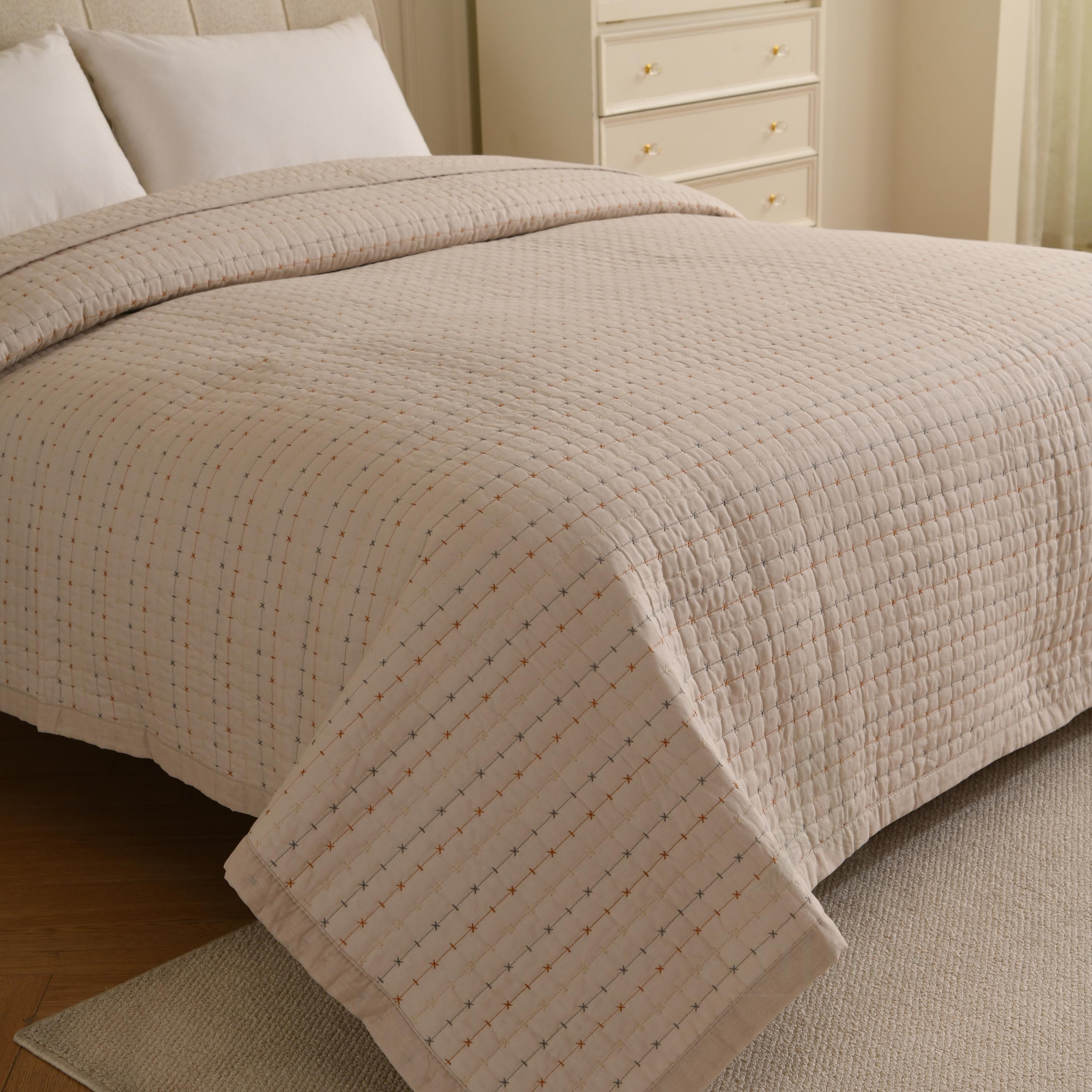 Boho Farmhouse Cotton Boho Kantha Quilted Bedspread, Pick Stitch Coverlet (230x250cm)