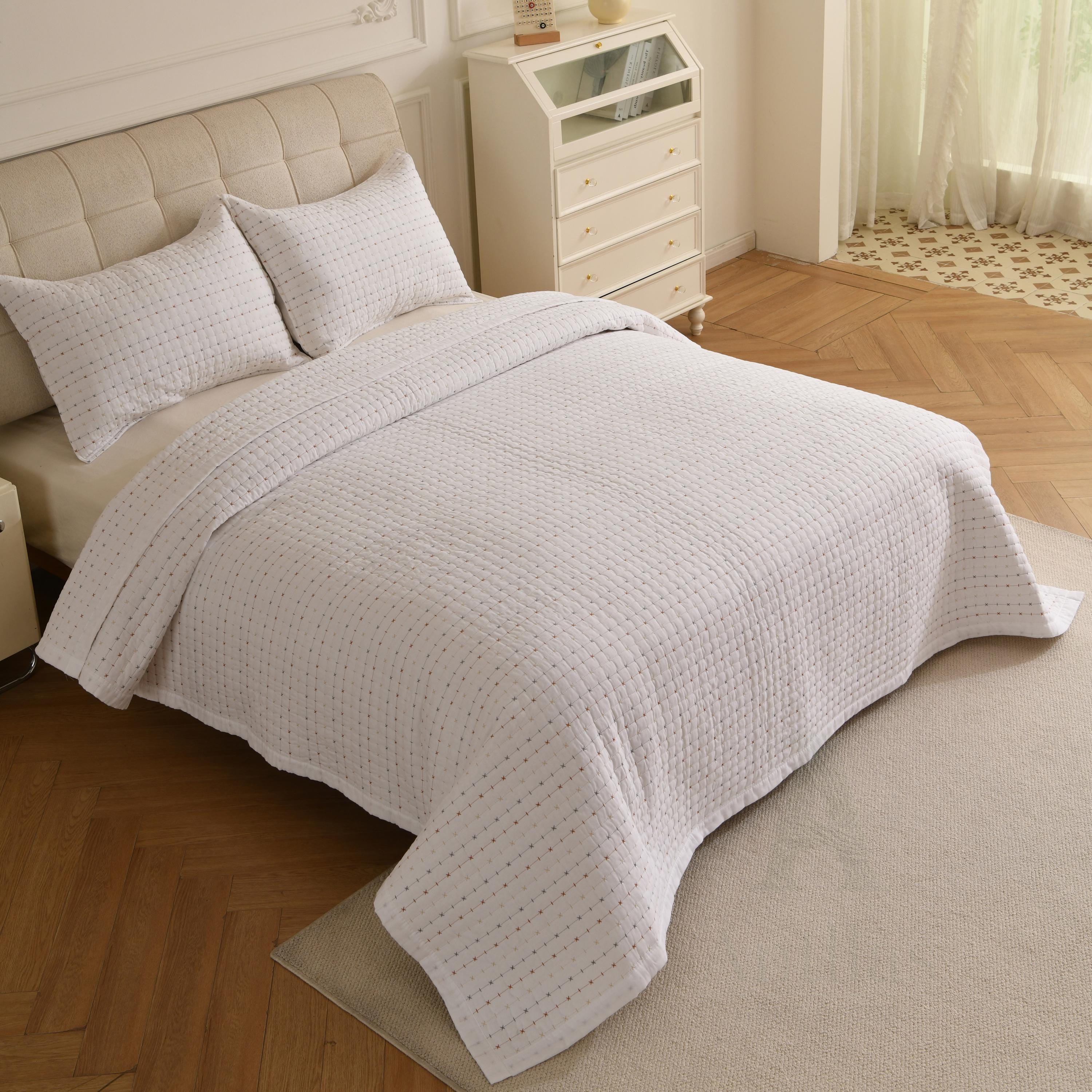 Boho Farmhouse Cotton Boho Kantha Quilted Bedspread, Pick Stitch Coverlet (230x250cm)