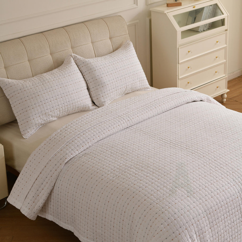 White Cotton Quilted Bedspread with Pillow, King Size Pick Stitch Coverlet