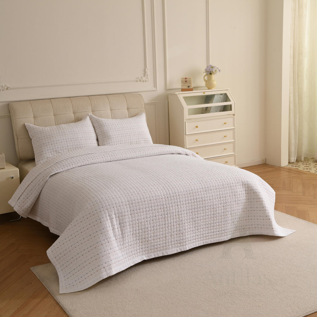 White Cotton Quilted Bedspread with Pillow, King Size Pick Stitch Coverlet