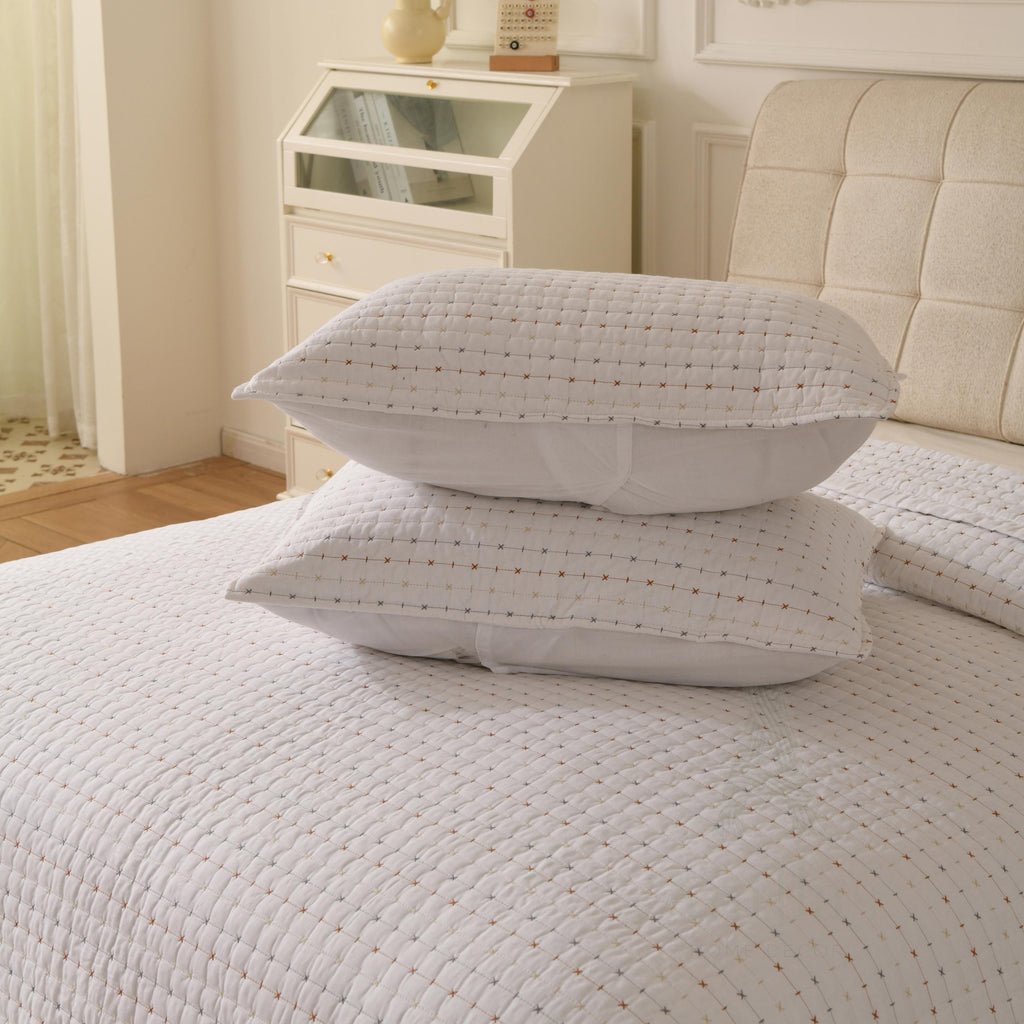 White Cotton Quilted Bedspread with Pillow, King Size Pick Stitch Coverlet