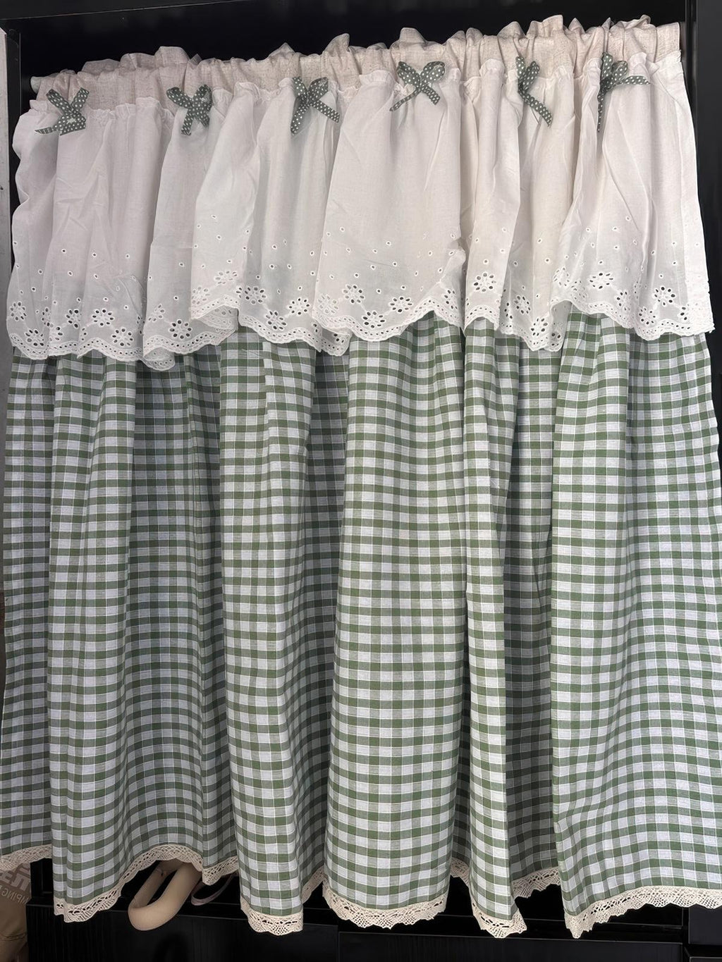 Green Gingham Sink Skirt, Eyelet Lace Farmhouse Cabinet Curtain
