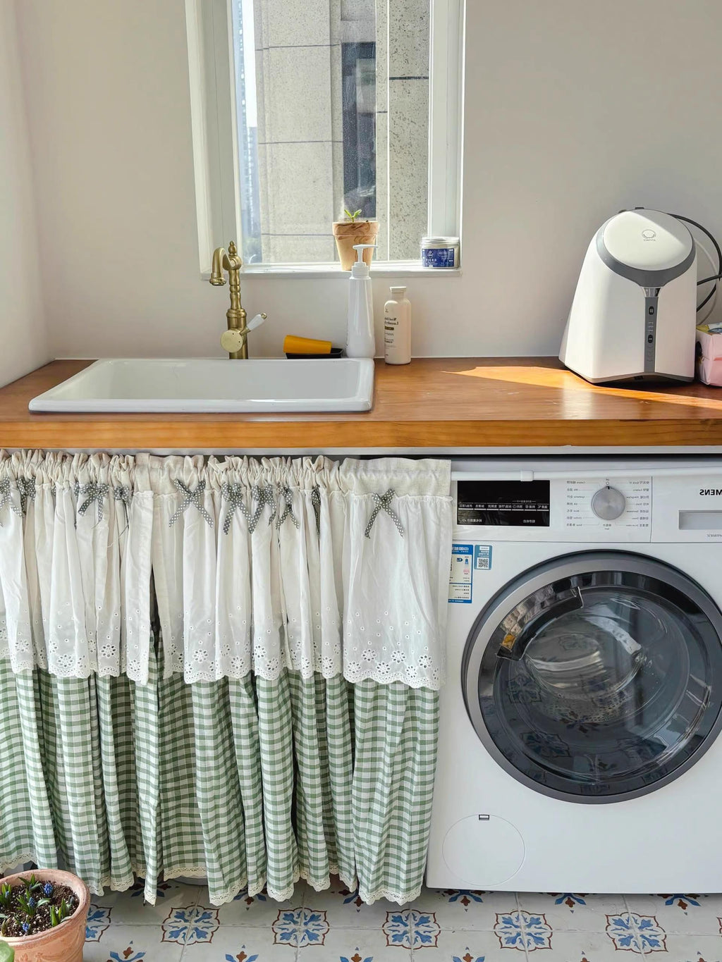 Green Gingham Sink Skirt, Eyelet Lace Farmhouse Cabinet Curtain