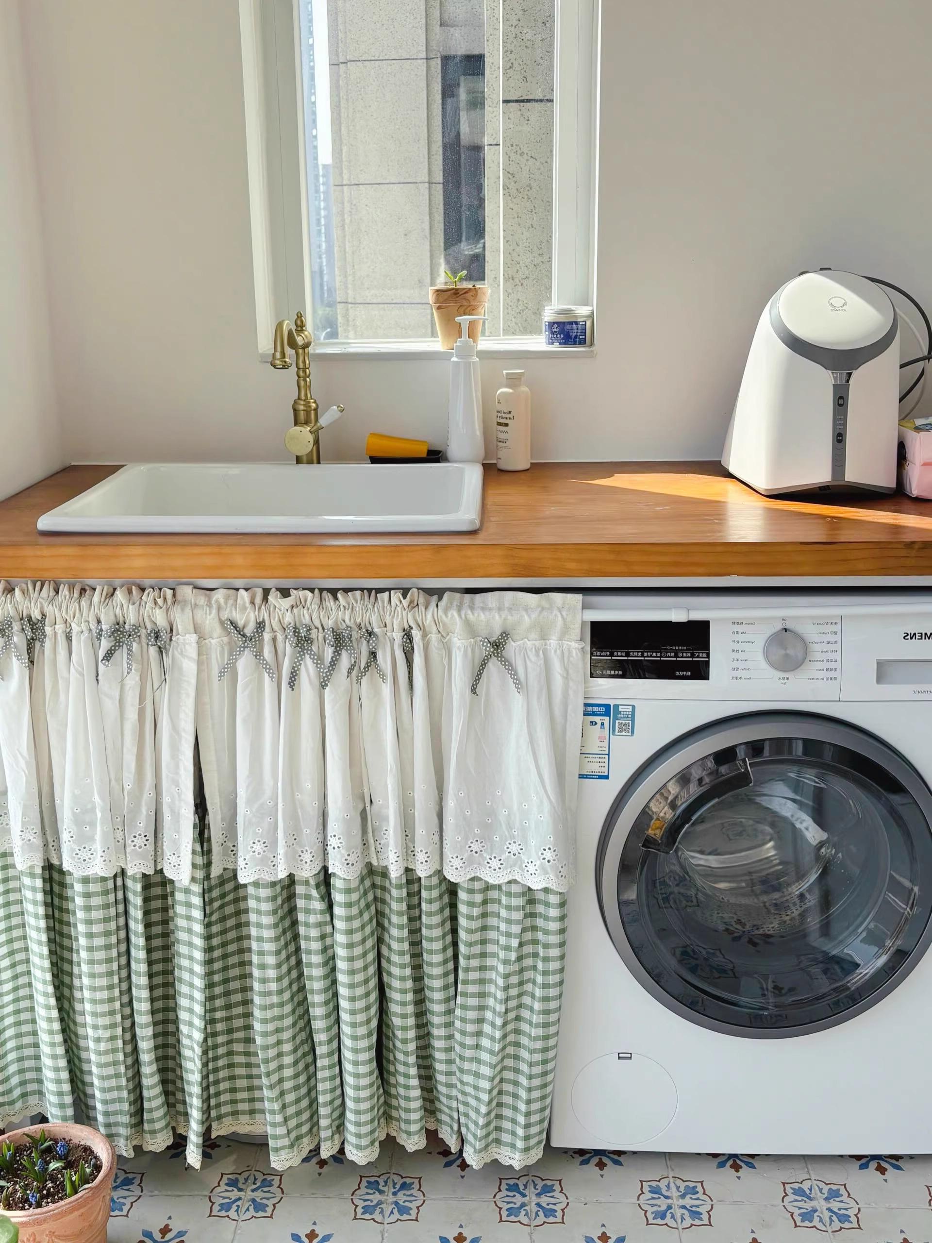 Green Gingham Sink Skirt, Eyelet Lace Farmhouse Cabinet Curtain