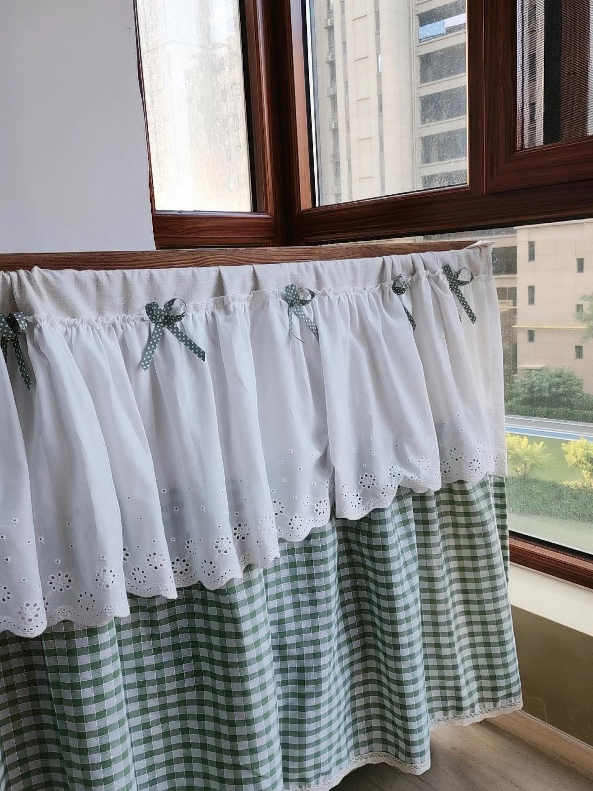Green Gingham Sink Skirt, Eyelet Lace Farmhouse Cabinet Curtain