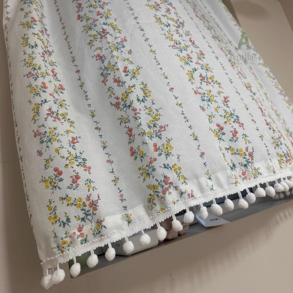 Floral Cafe Curtain – Shabby Chic Cotton Linen Valance with Pom Pom Trim