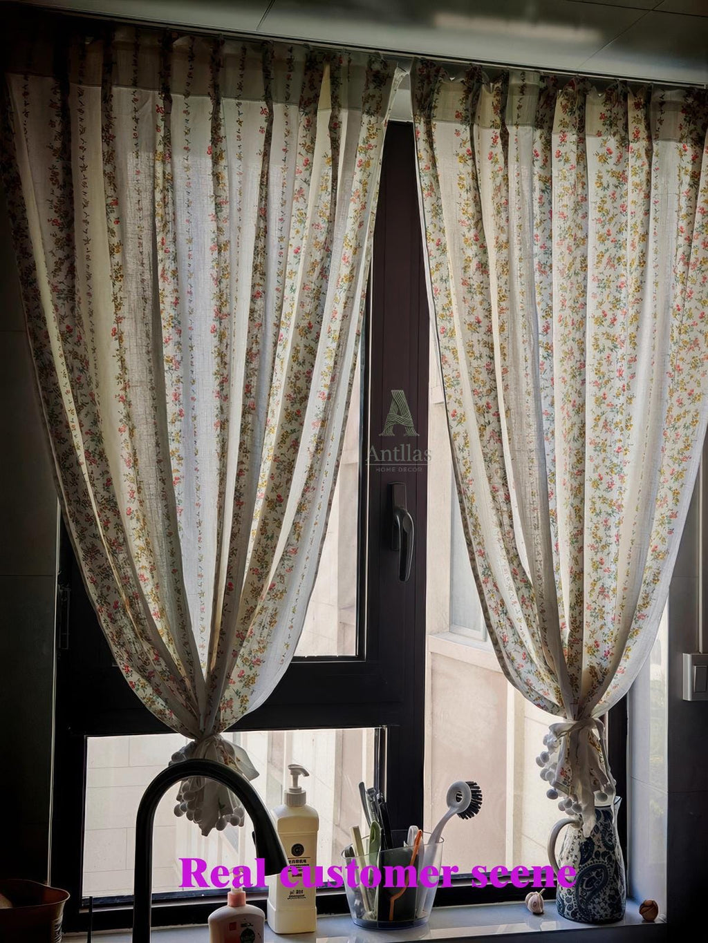Floral Cafe Curtain – Shabby Chic Cotton Linen Valance with Pom Pom Trim
