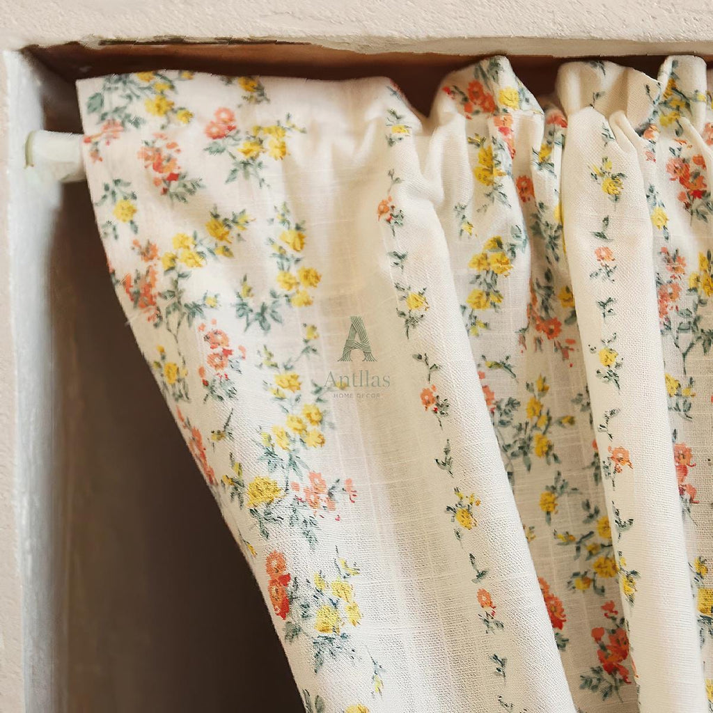 Floral Cafe Curtain – Shabby Chic Cotton Linen Valance with Pom Pom Trim