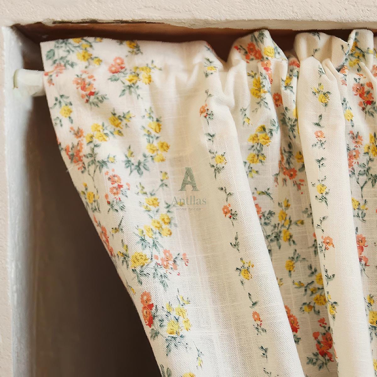 Floral Cafe Curtain – Shabby Chic Cotton Linen Valance with Pom Pom Trim