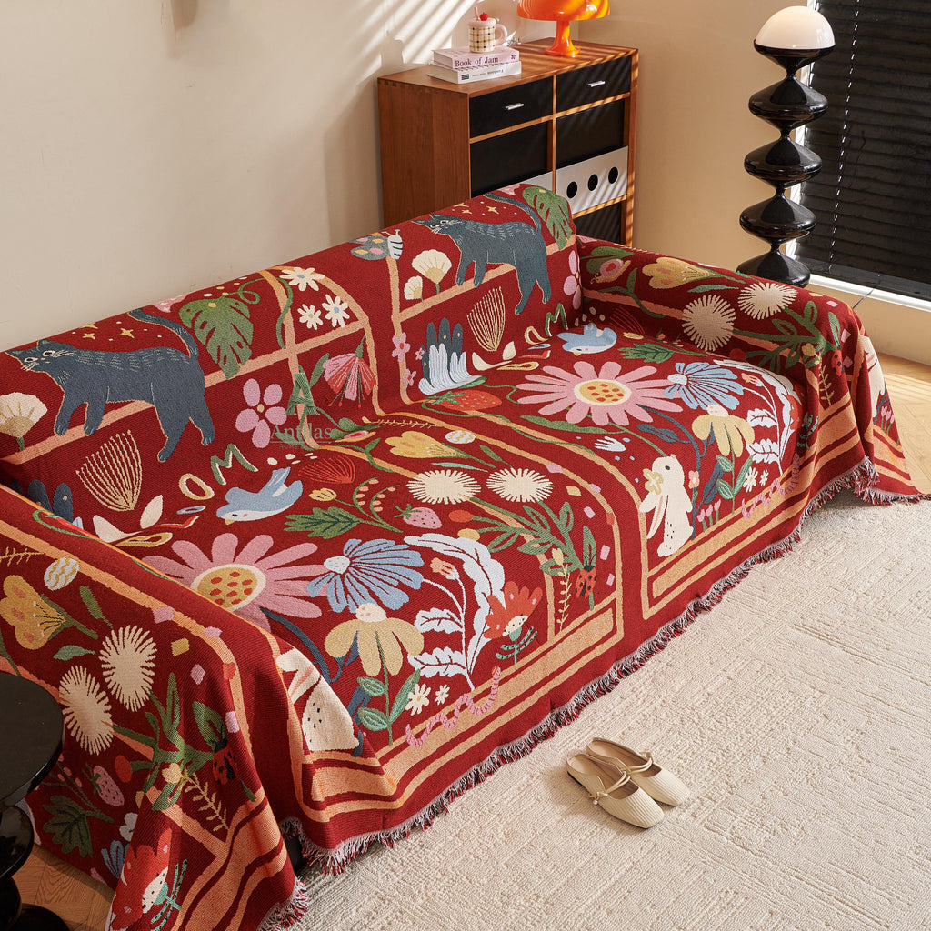 Chenille Sofa Throw Cover, Whimsical Garden Cat & Flower, Red Folk Art