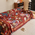 Chenille Sofa Throw Cover, Whimsical Garden Cat & Flower, Red Folk Art