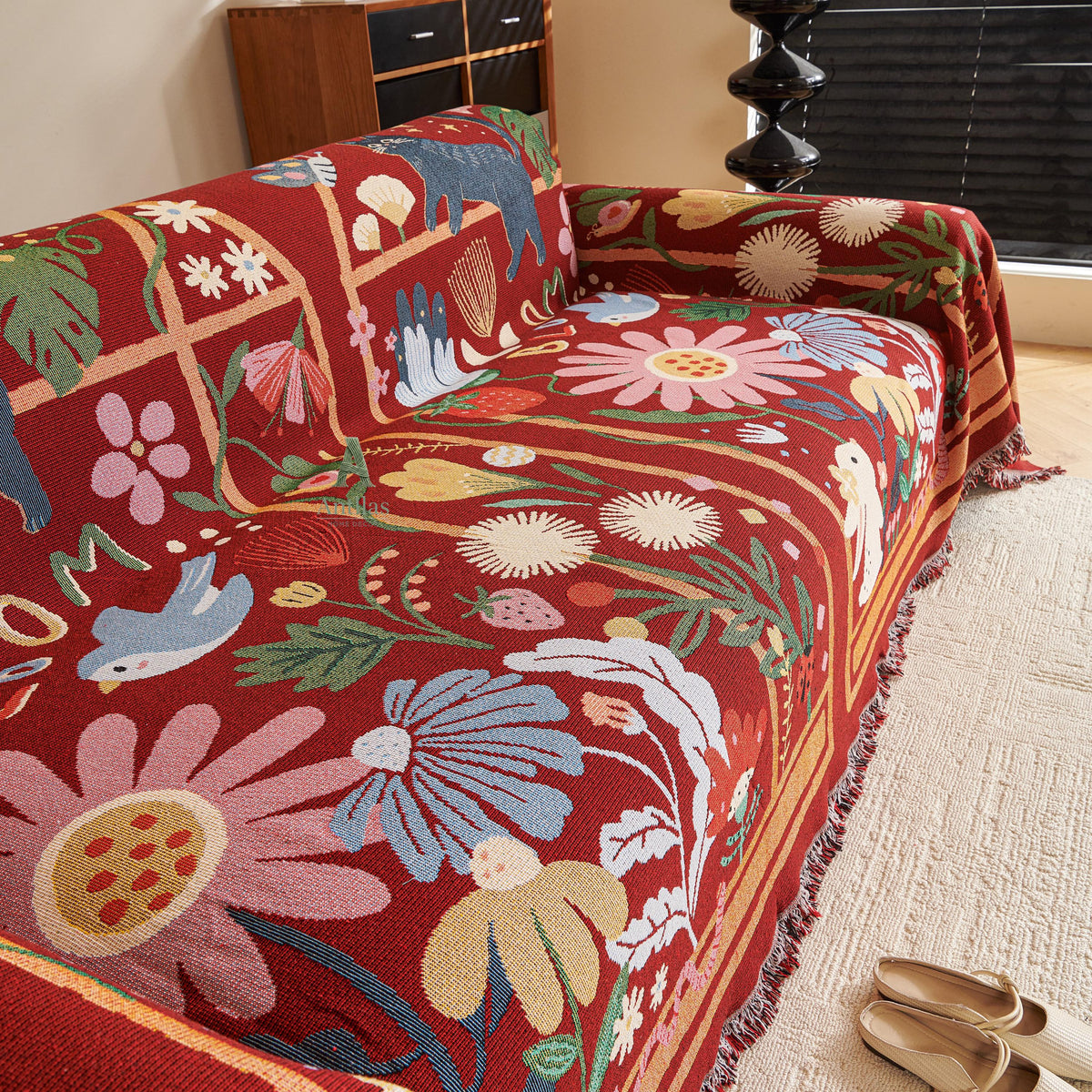 Chenille Sofa Throw Cover, Whimsical Garden Cat & Flower, Red Folk Art