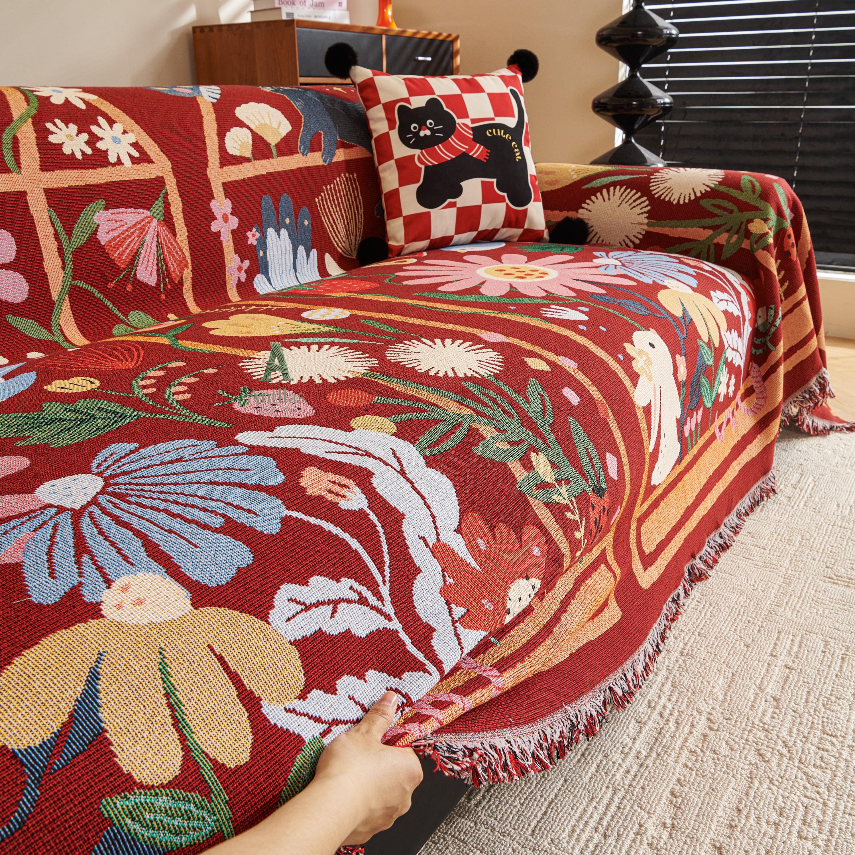 Chenille Sofa Throw Cover, Whimsical Garden Cat & Flower, Red Folk Art