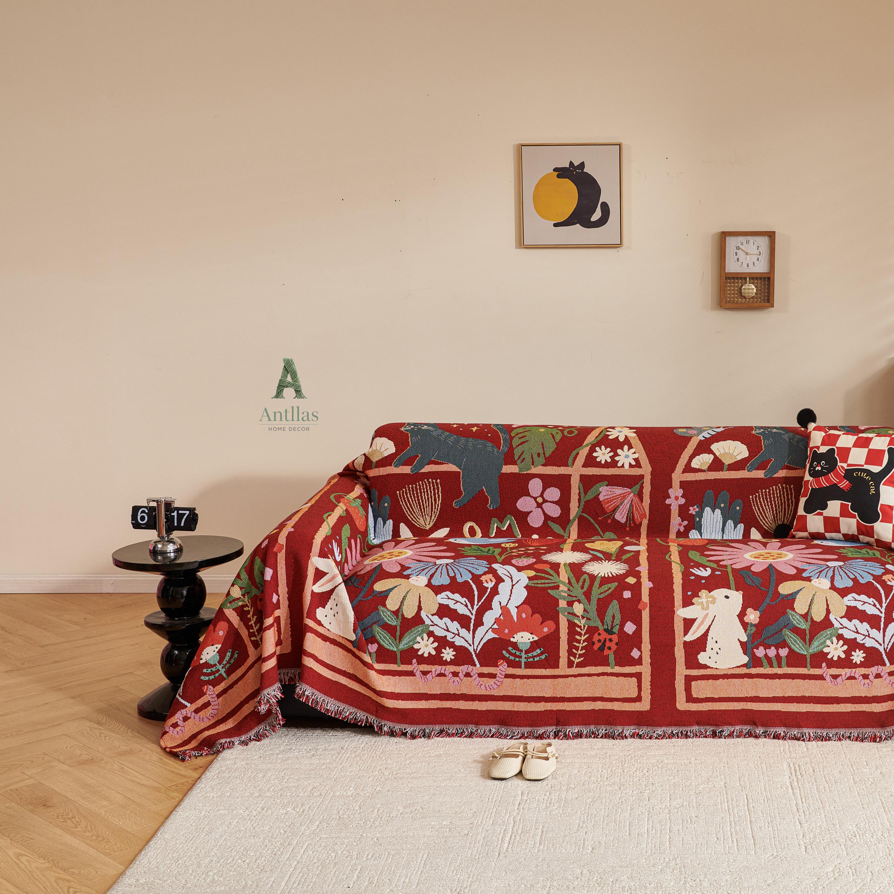 Chenille Sofa Throw Cover, Whimsical Garden Cat & Flower, Red Folk Art