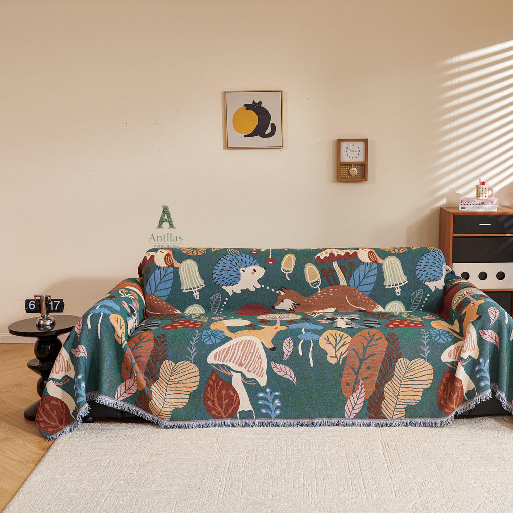 Forest Animal Chenille Throw Blanket, Cottagecore Kids Decor