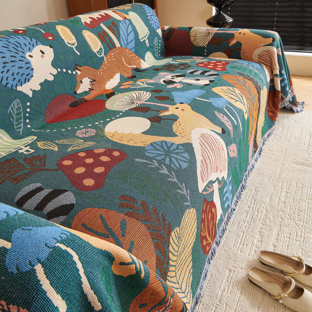 Forest Animal Chenille Throw Blanket, Cottagecore Kids Decor