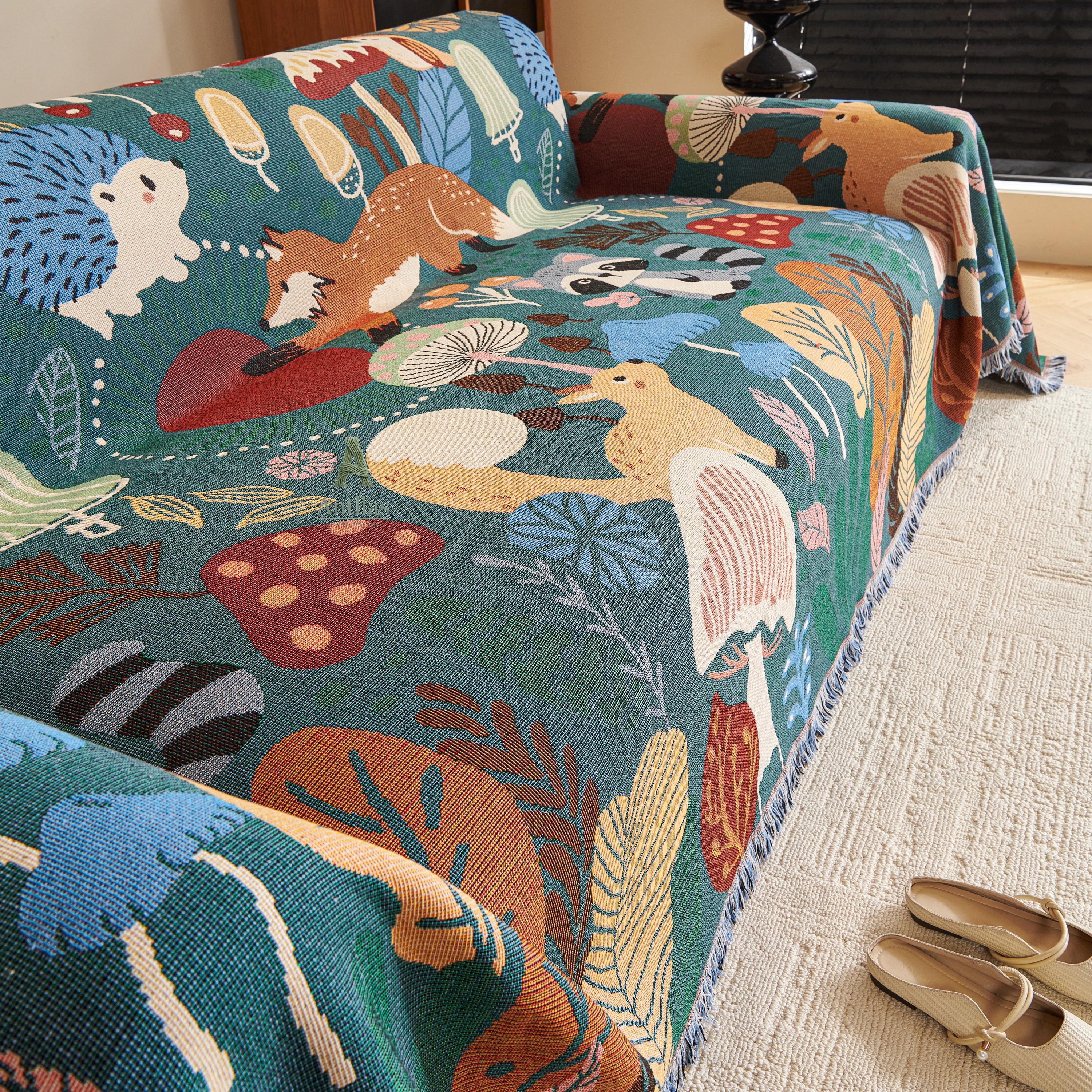 Forest Animal Chenille Throw Blanket, Cottagecore Kids Decor