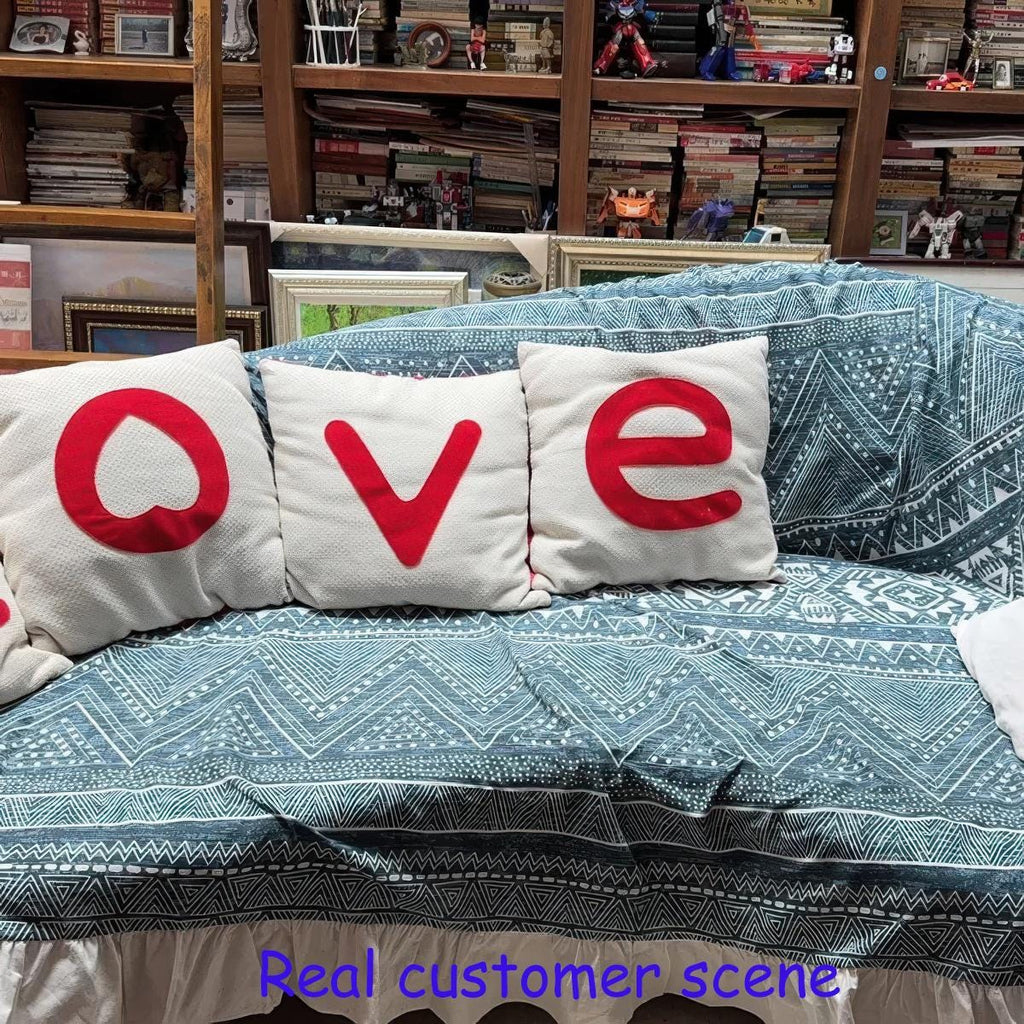 Boho Indigo Geometric Sofa Cover: Cotton Linen, Ruffle Edge