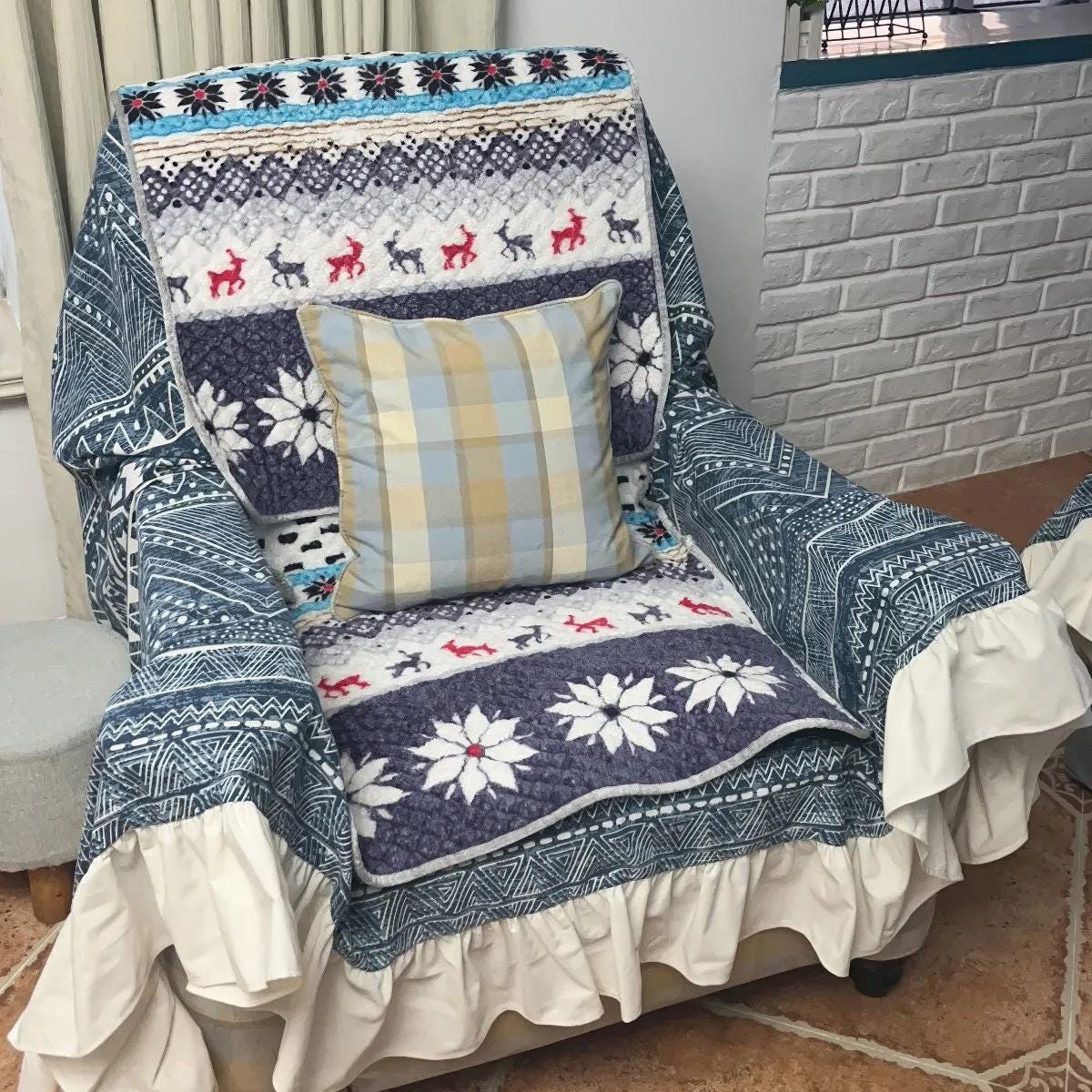 Boho Indigo Geometric Sofa Cover: Cotton Linen, Ruffle Edge