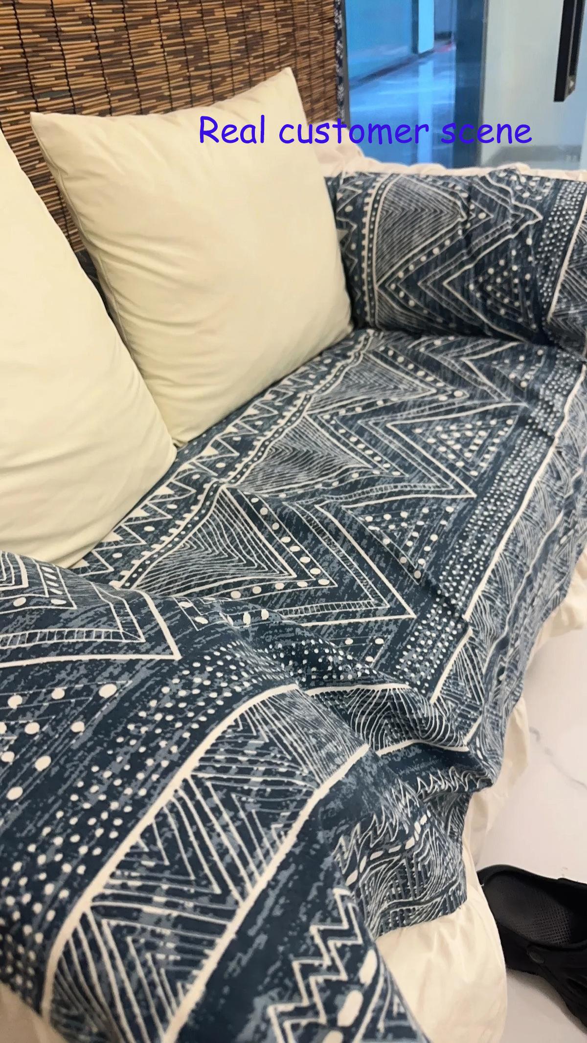 Boho Indigo Geometric Sofa Cover: Cotton Linen, Ruffle Edge