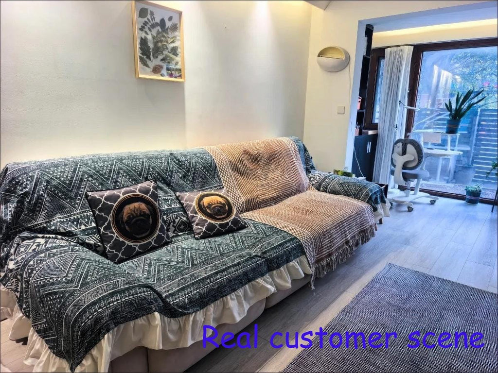 Boho Indigo Geometric Sofa Cover: Cotton Linen, Ruffle Edge