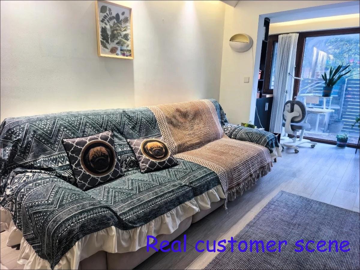 Boho Indigo Geometric Sofa Cover: Cotton Linen, Ruffle Edge