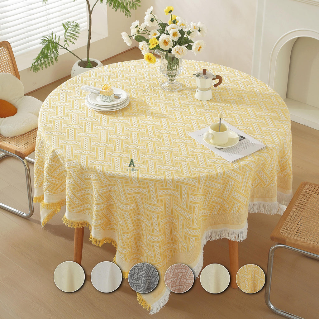 Woven Cotton Tablecloth, Rustic Farmhouse Table Cover, Rectangular Dining Cover