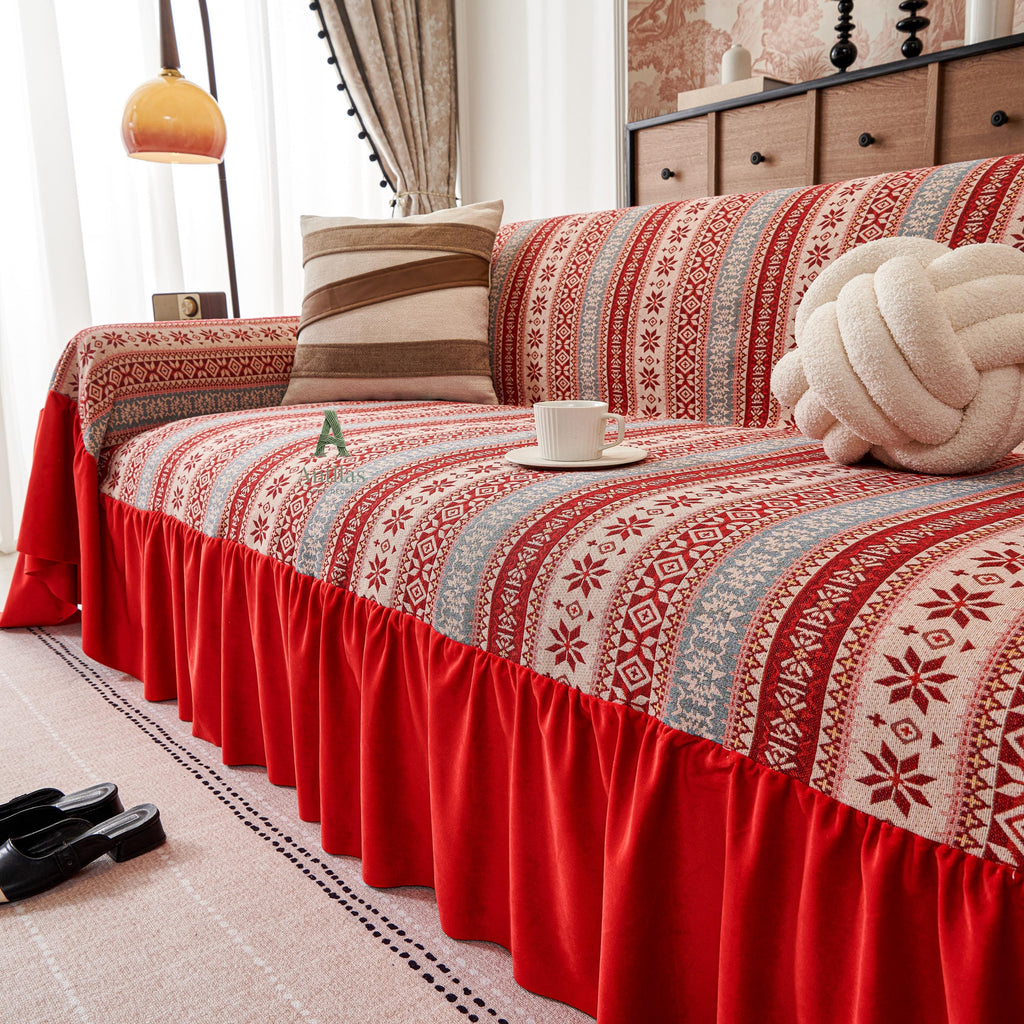 Red Bohemian Sofa Cover, Nordic Geometric Throw, Velvet Ruffle Skirt