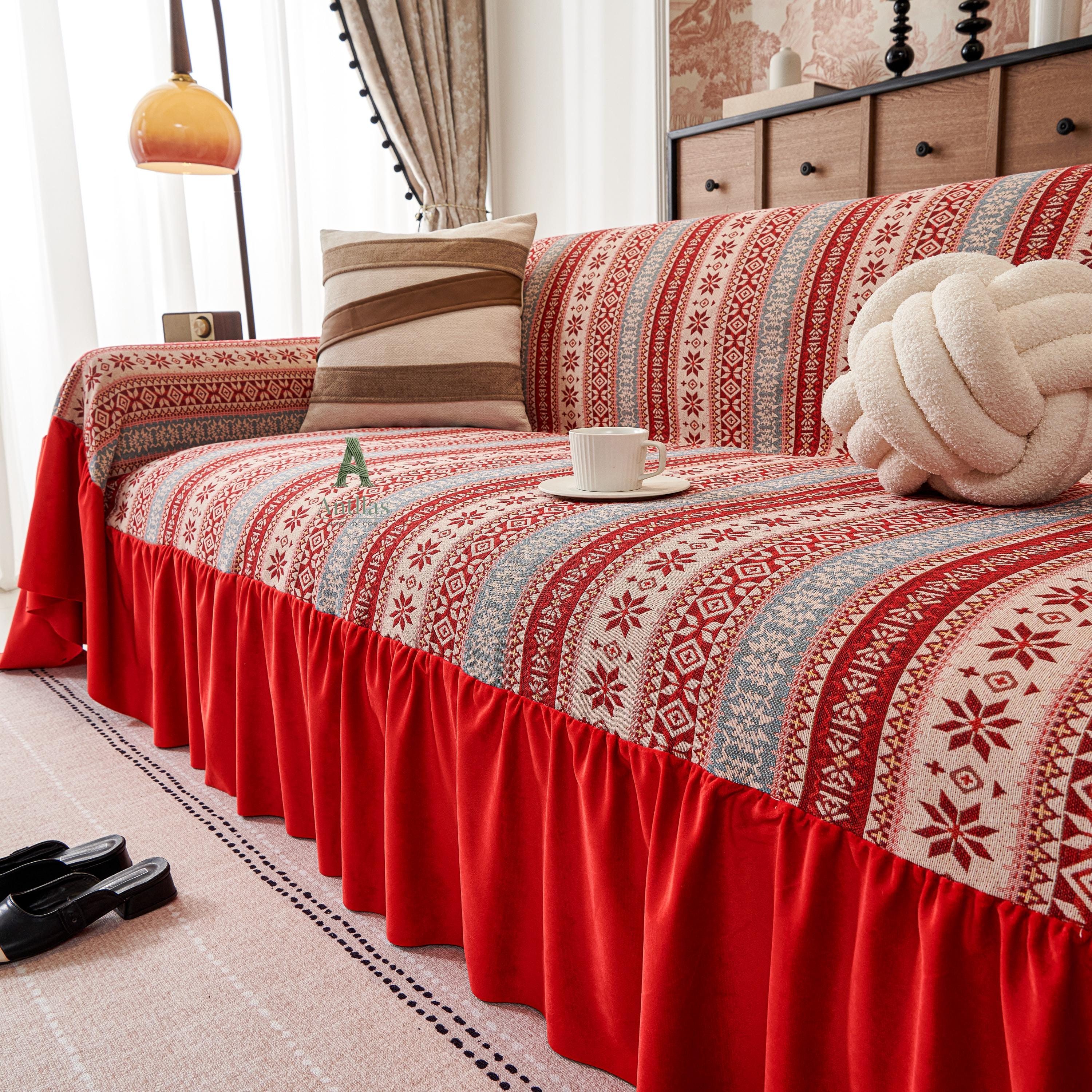 Red Bohemian Sofa Cover, Nordic Geometric Throw, Velvet Ruffle Skirt
