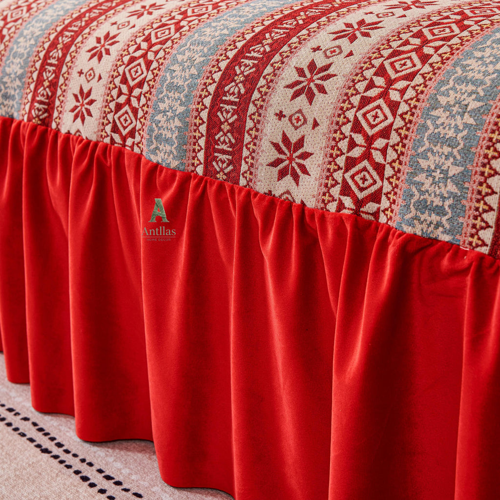 Red Bohemian Sofa Cover, Nordic Geometric Throw, Velvet Ruffle Skirt