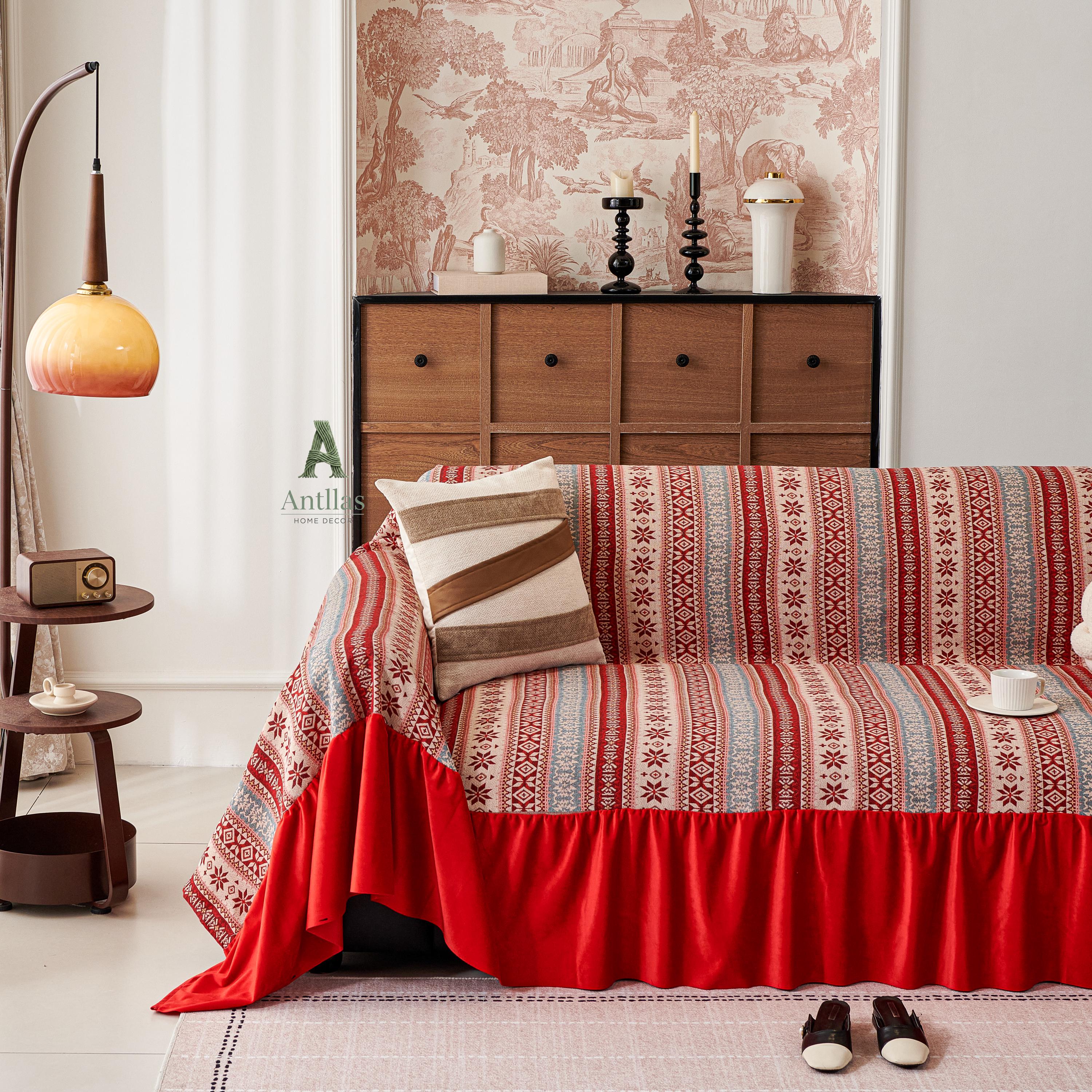 Red Bohemian Sofa Cover, Nordic Geometric Throw, Velvet Ruffle Skirt