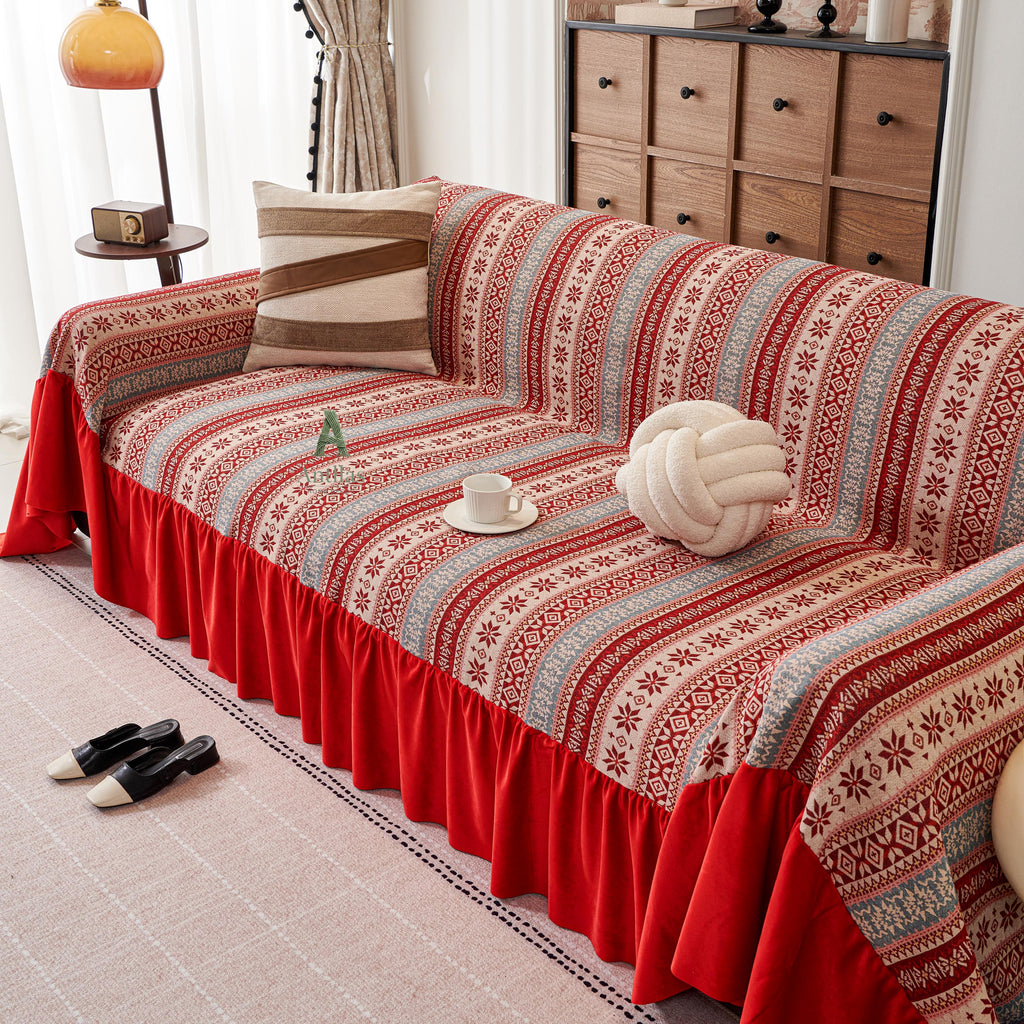 Red Bohemian Sofa Cover, Nordic Geometric Throw, Velvet Ruffle Skirt