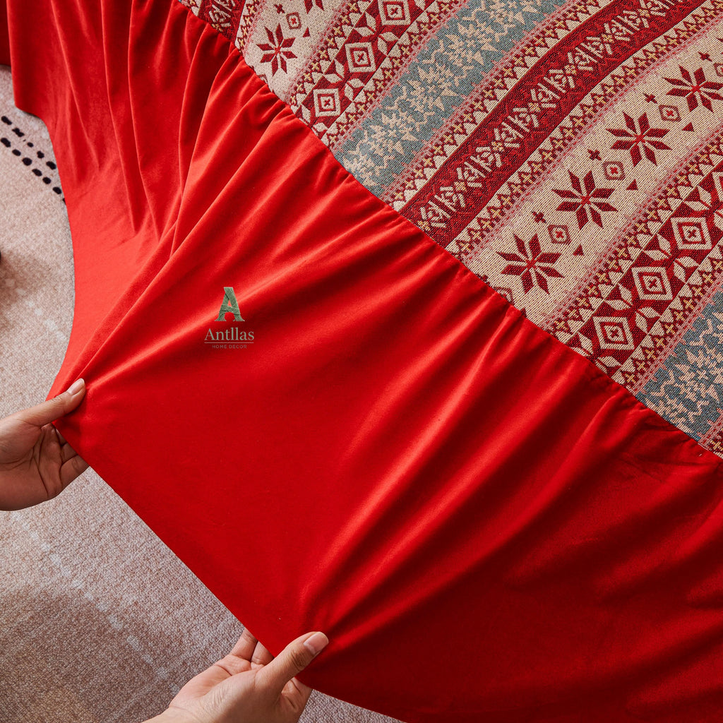 Red Bohemian Sofa Cover, Nordic Geometric Throw, Velvet Ruffle Skirt