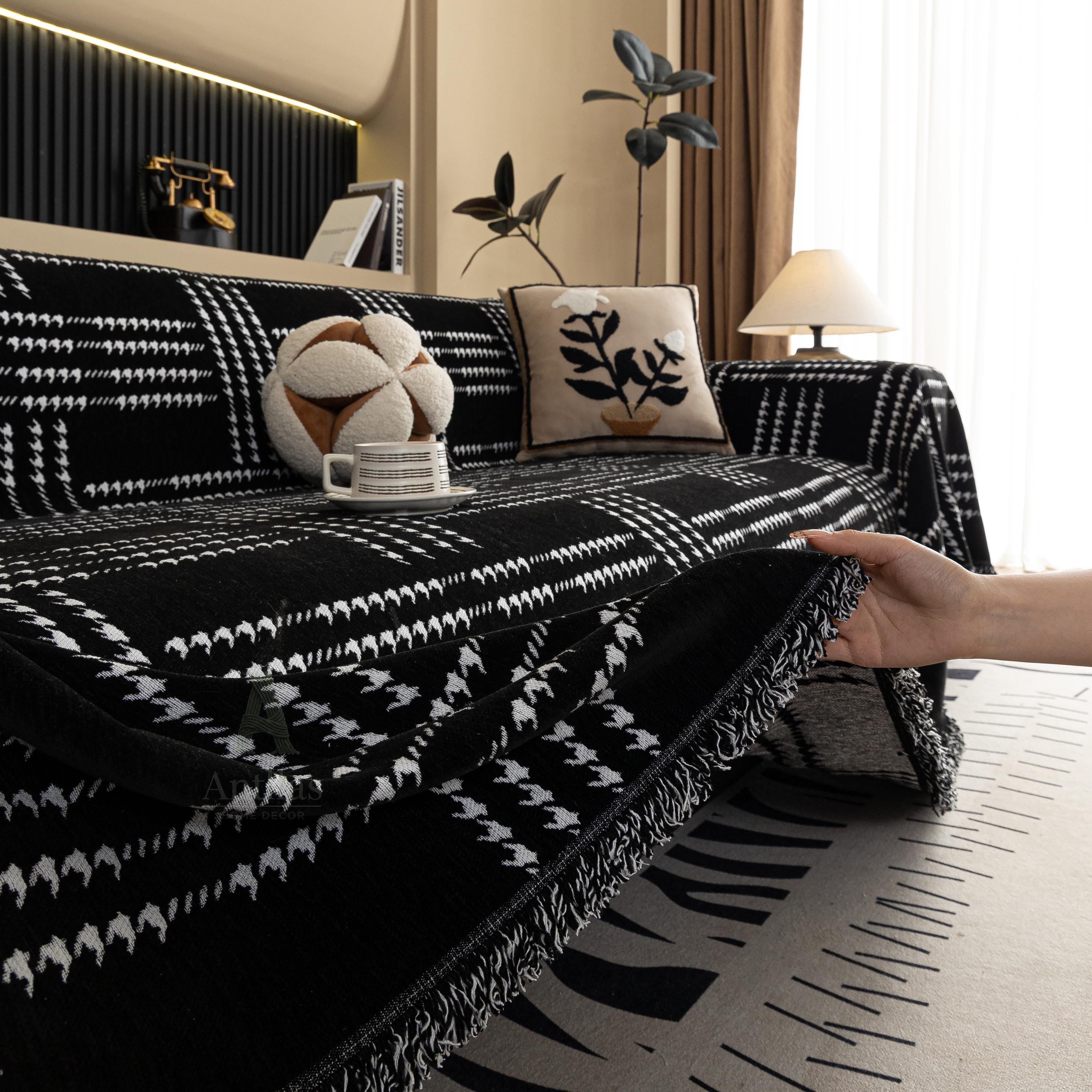 Chenille Houndstooth Sofa Cover, Black and White Plaid Throw, Vintage Dark Academia Decor