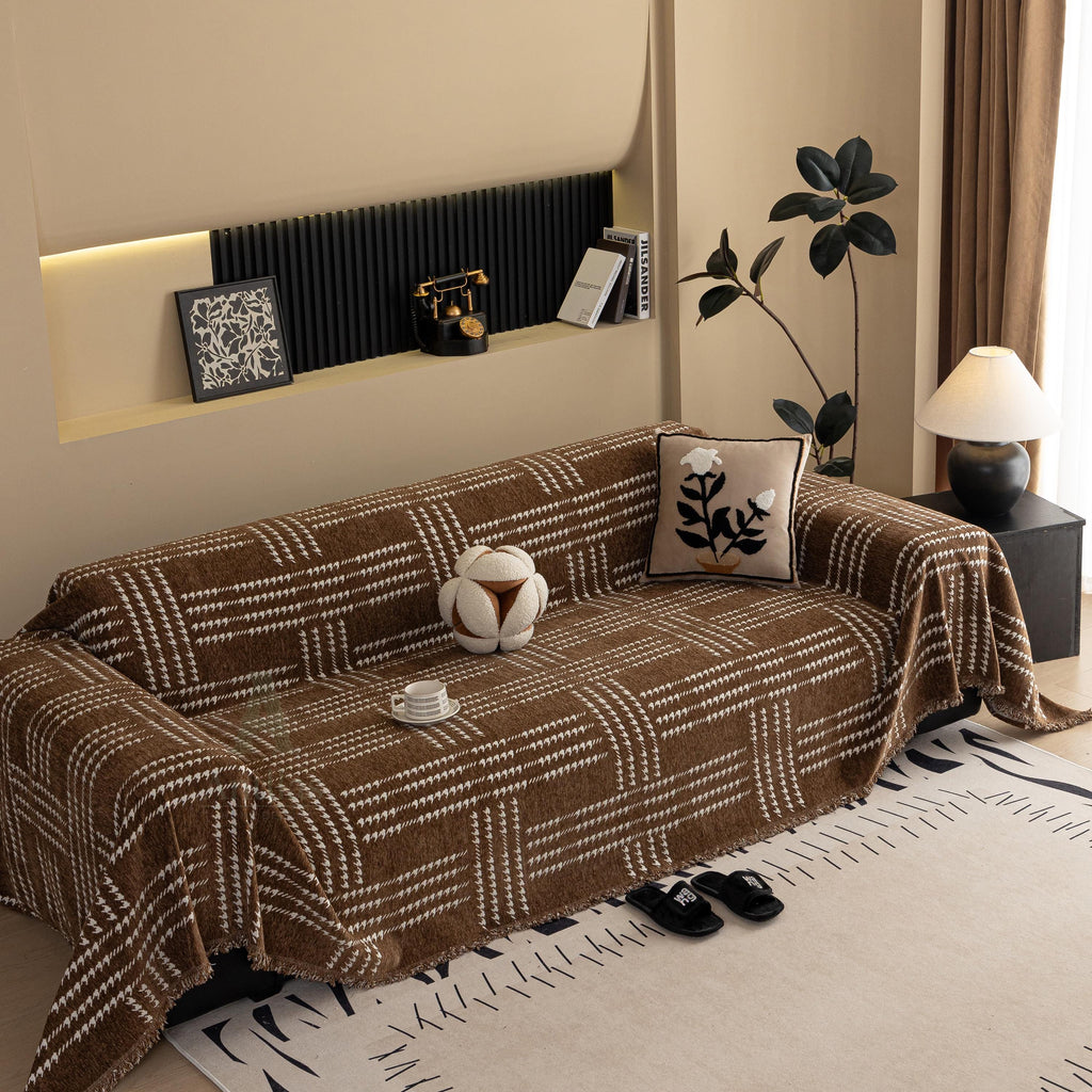Chenille Houndstooth Sofa Cover, Black and White Plaid Throw, Vintage Dark Academia Decor