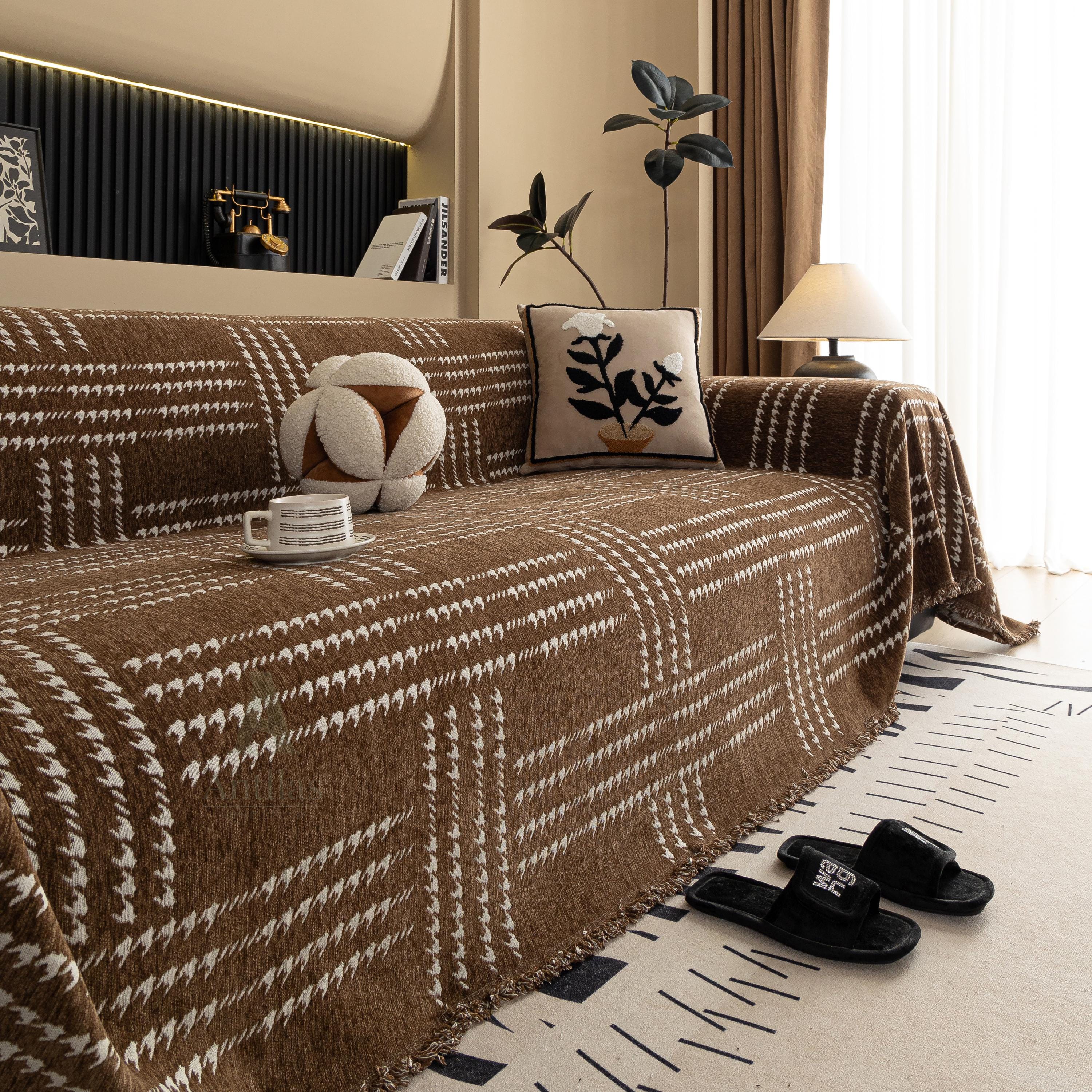 Chenille Houndstooth Sofa Cover, Black and White Plaid Throw, Vintage Dark Academia Decor