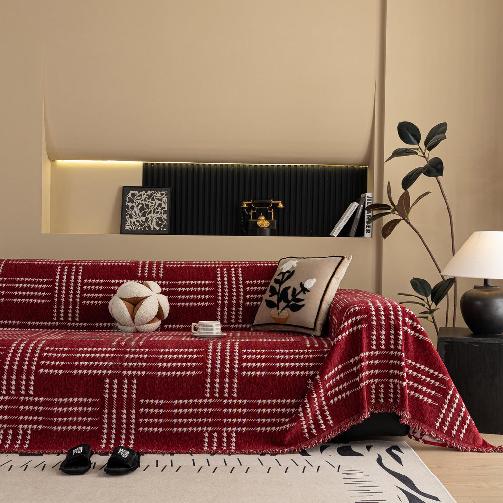 Chenille Houndstooth Sofa Cover, Black and White Plaid Throw, Vintage Dark Academia Decor