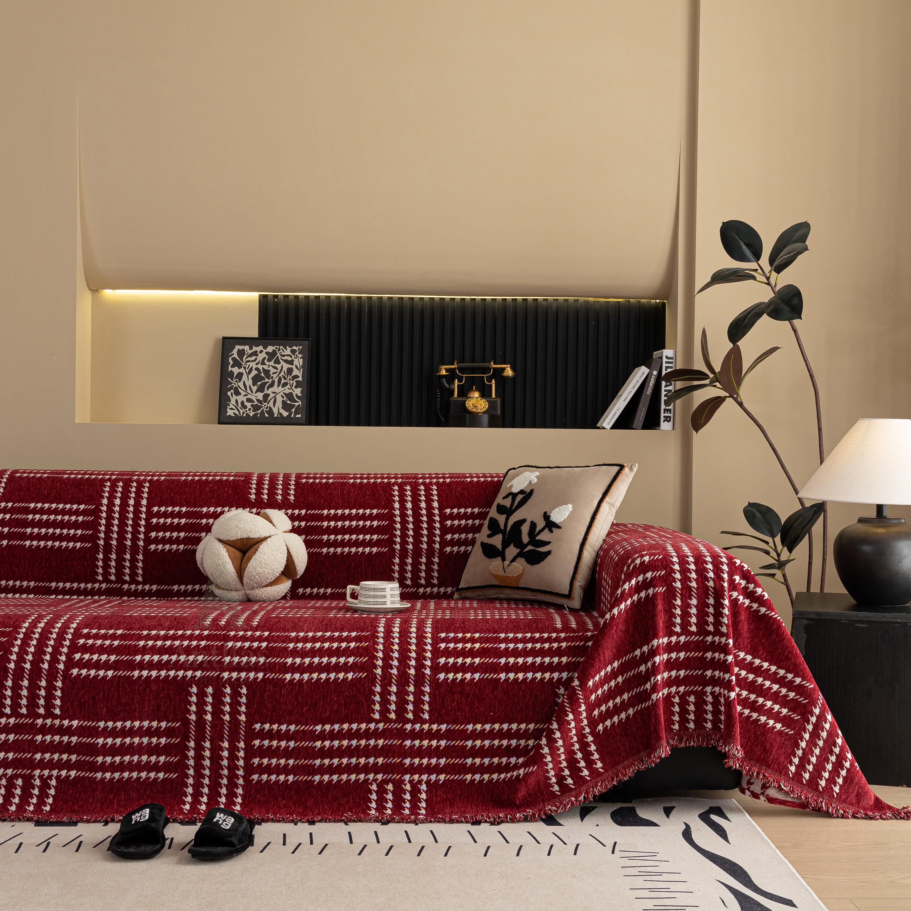 Chenille Houndstooth Sofa Cover, Black and White Plaid Throw, Vintage Dark Academia Decor