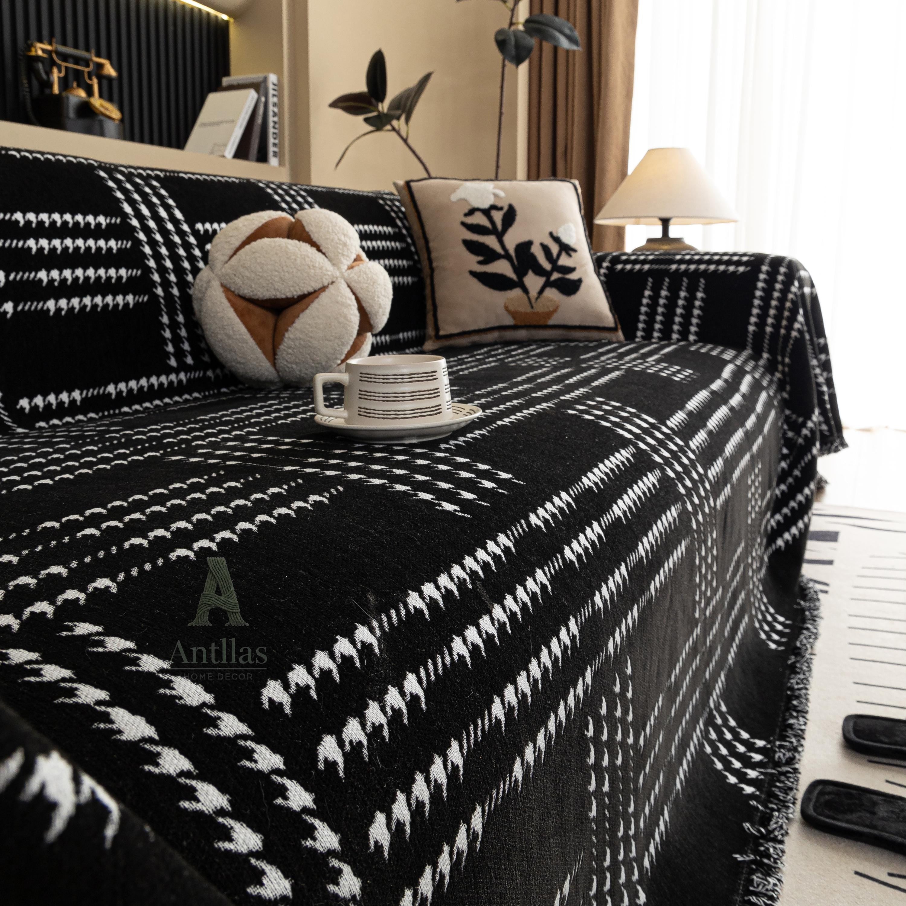 Chenille Houndstooth Sofa Cover, Black and White Plaid Throw, Vintage Dark Academia Decor