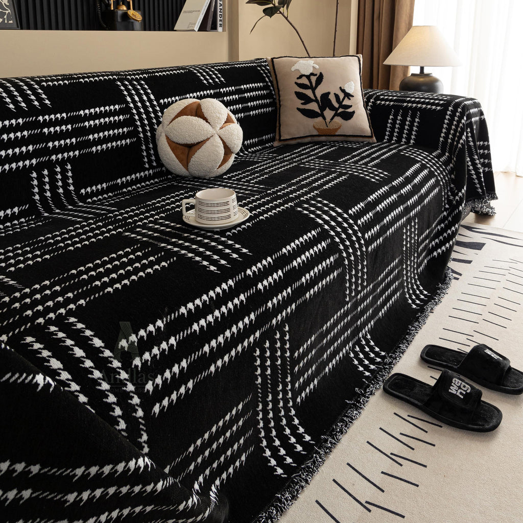 Chenille Houndstooth Sofa Cover, Black and White Plaid Throw, Vintage Dark Academia Decor