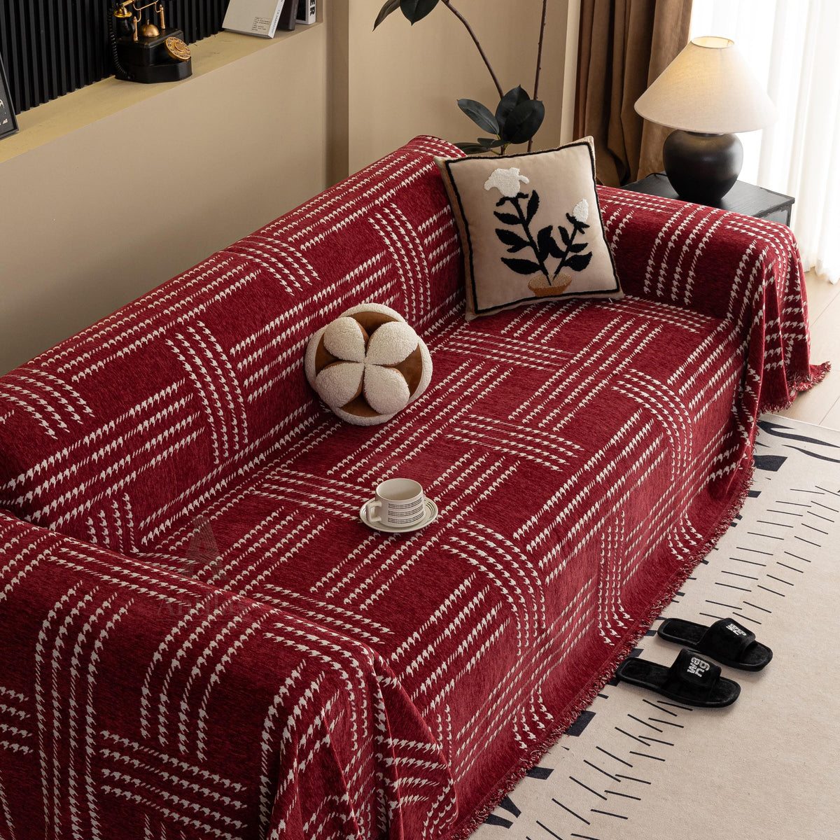 Chenille Houndstooth Sofa Cover, Black and White Plaid Throw, Vintage Dark Academia Decor