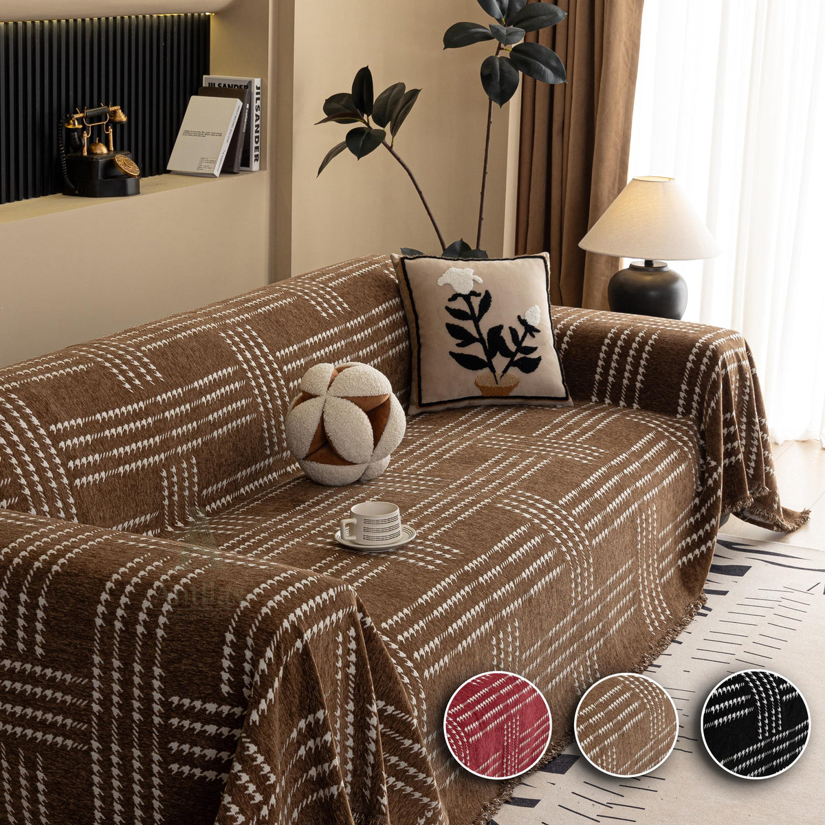 Chenille Houndstooth Sofa Cover, Black and White Plaid Throw, Vintage Dark Academia Decor