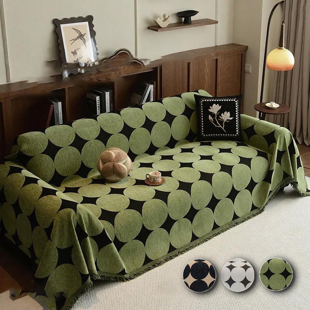 Mid-Century Geometric Sofacover, Retro Chunky Chenille Polka Dot Sofa Throw