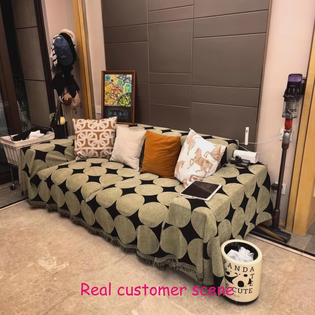 Mid-Century Geometric Sofacover, Retro Chunky Chenille Polka Dot Sofa Throw