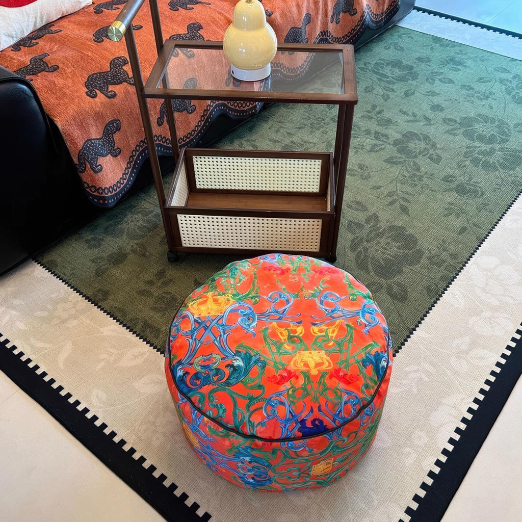 Retro Floral Pouf Cover, Boho Ottoman Slipcover, Unstuffed Footstool